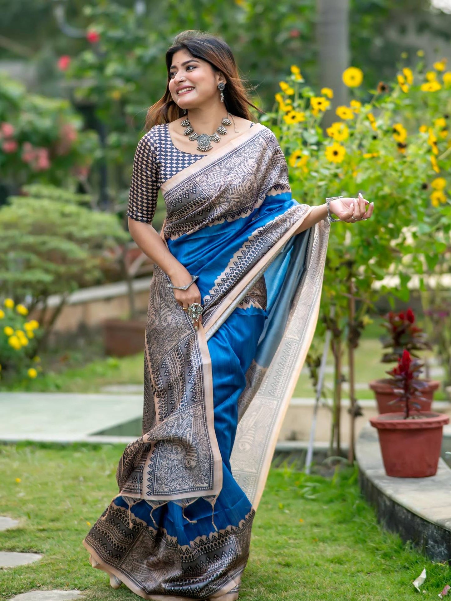 Soft Tussar Silk Saree with Madhubani Prints on Pallu and Border