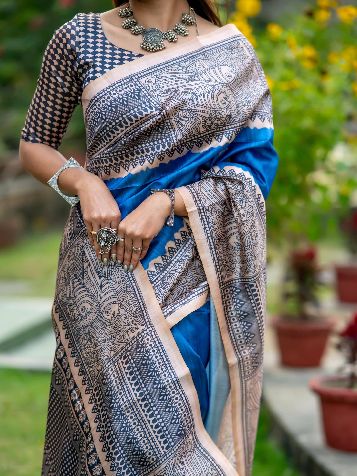 Soft Tussar Silk Saree with Madhubani Prints on Pallu and Border