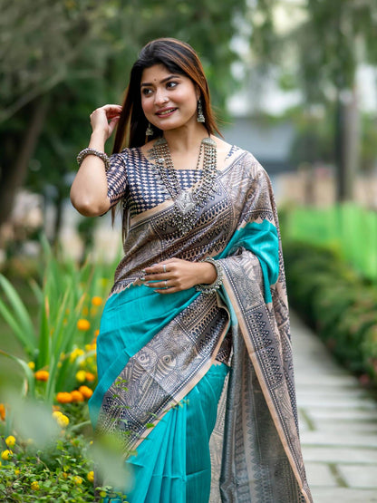 Soft Tussar Silk Saree with Madhubani Prints on Pallu and Border