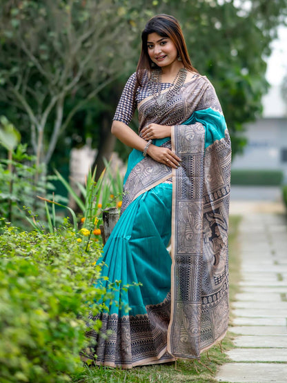 Soft Tussar Silk Saree with Madhubani Prints on Pallu and Border