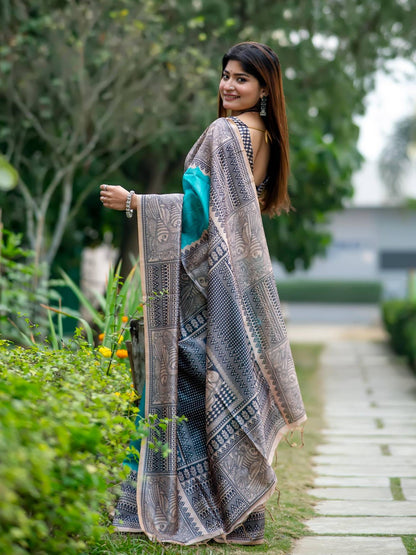 Soft Tussar Silk Saree with Madhubani Prints on Pallu and Border