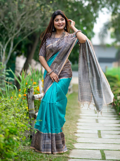 Soft Tussar Silk Saree with Madhubani Prints on Pallu and Border