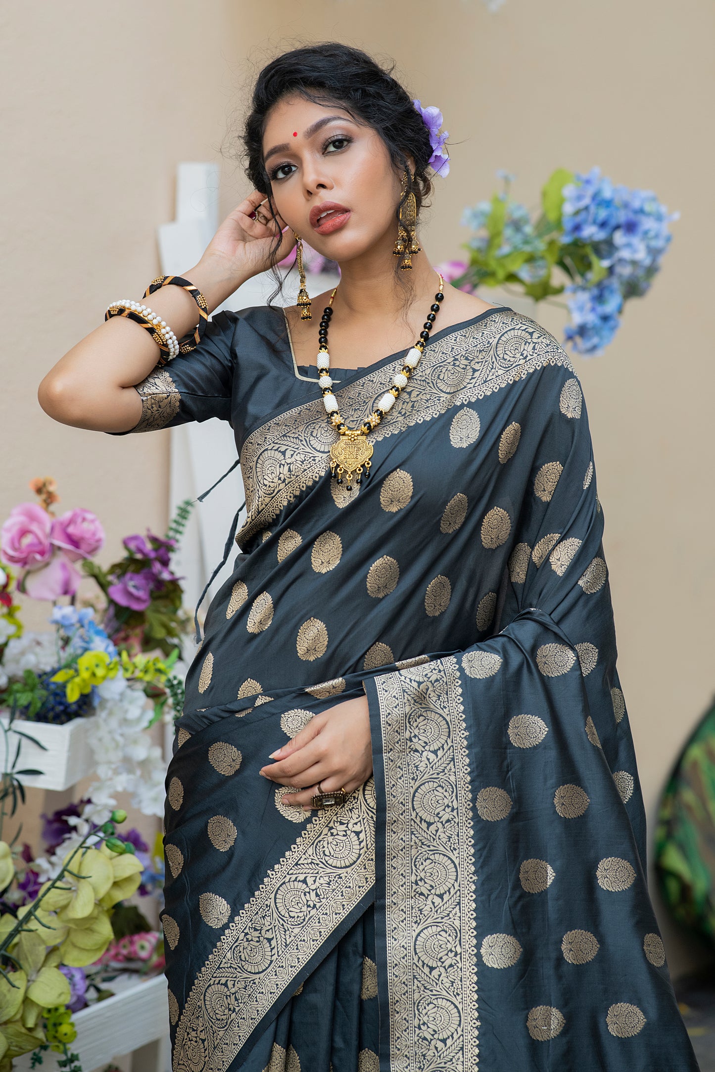 Payal Gupta In Our Soft Katan Silk Saree with Pure Zari Weaves(Flower)