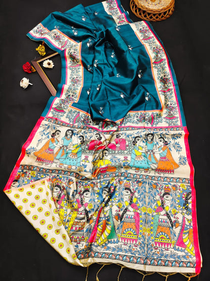 Soft Tussar Silk Saree with Madhubani Print