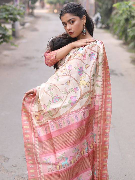 Soft Silk Saree with KALAMKARI PRINT and GHICHA PALLU.