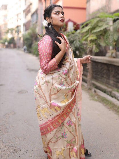 Soft Silk Saree with KALAMKARI PRINT and GHICHA PALLU.