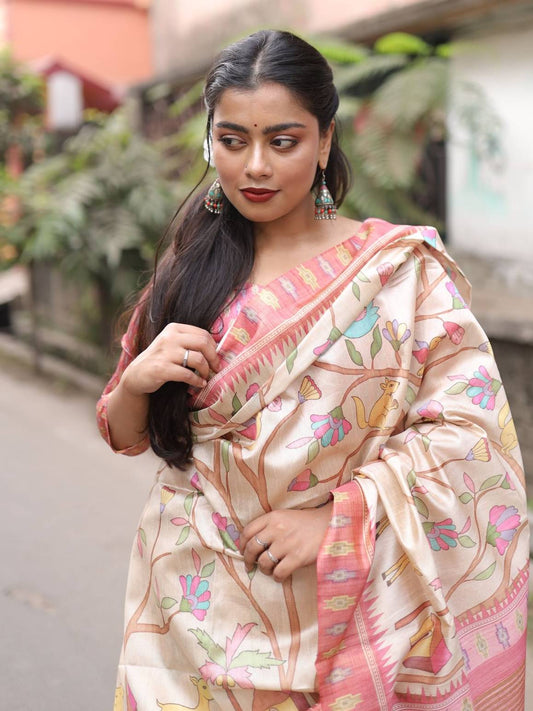 Soft Silk Saree with KALAMKARI PRINT and GHICHA PALLU.