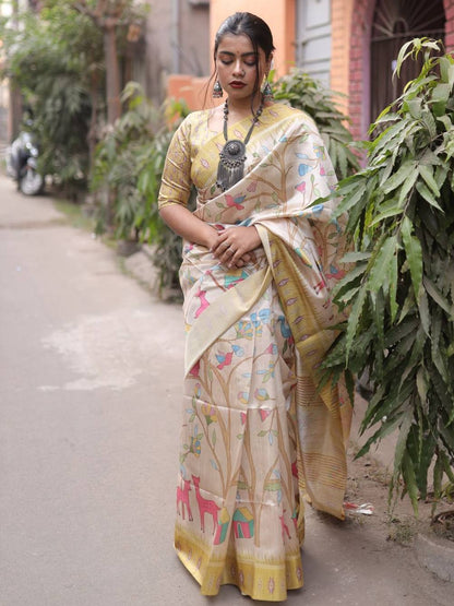 Soft Silk Saree with KALAMKARI PRINT and GHICHA PALLU.