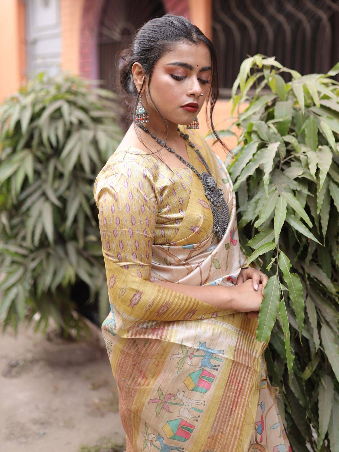 Soft Silk Saree with KALAMKARI PRINT and GHICHA PALLU.