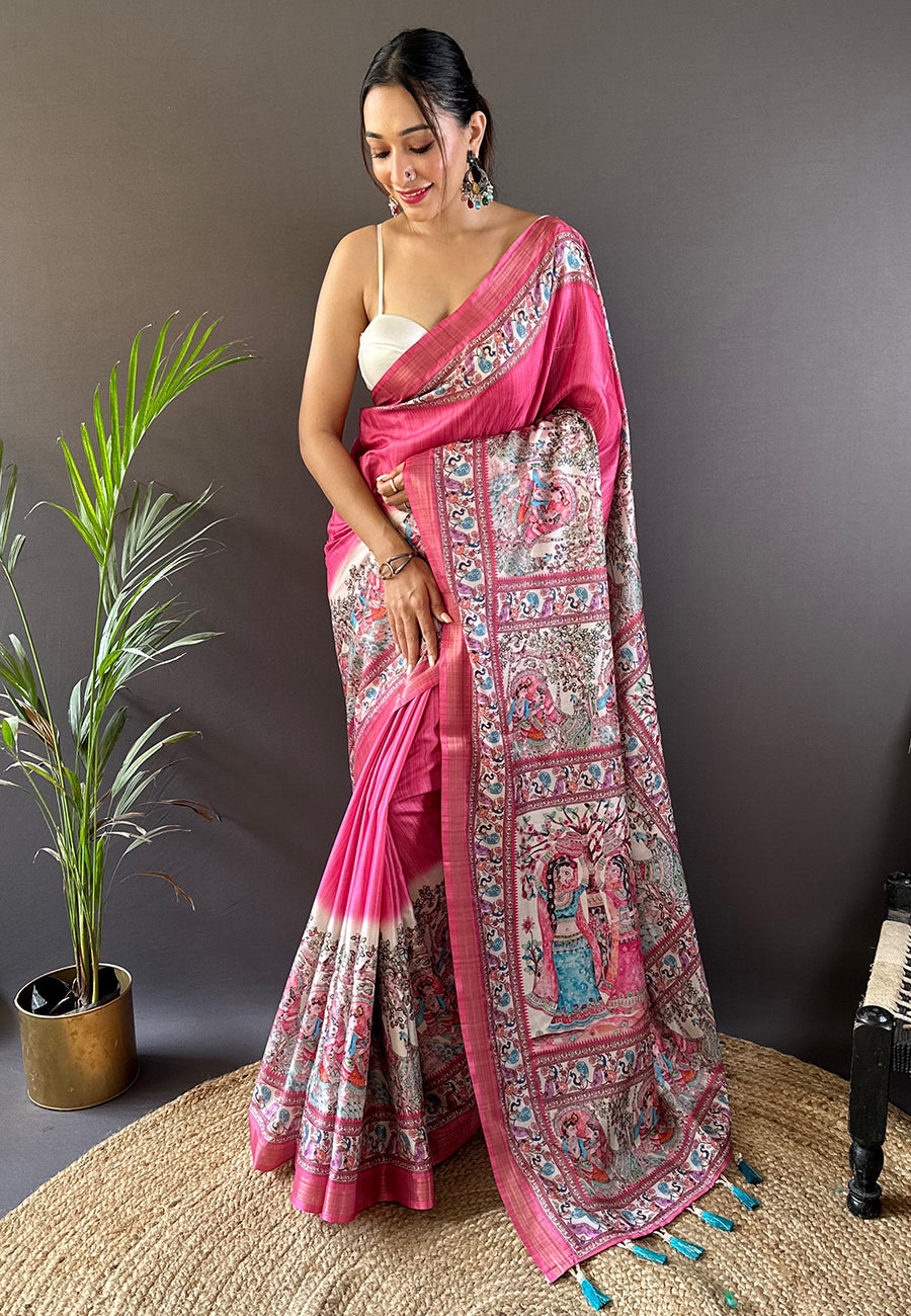 Soft Tussar Silk Saree with Madhubani Prints on Pallu and Border.