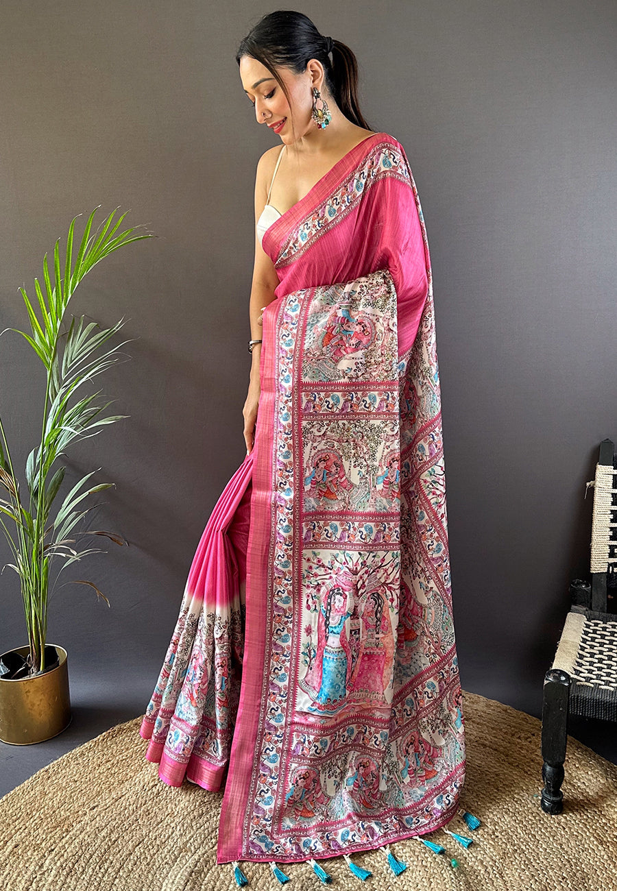 Soft Tussar Silk Saree with Madhubani Prints on Pallu and Border.