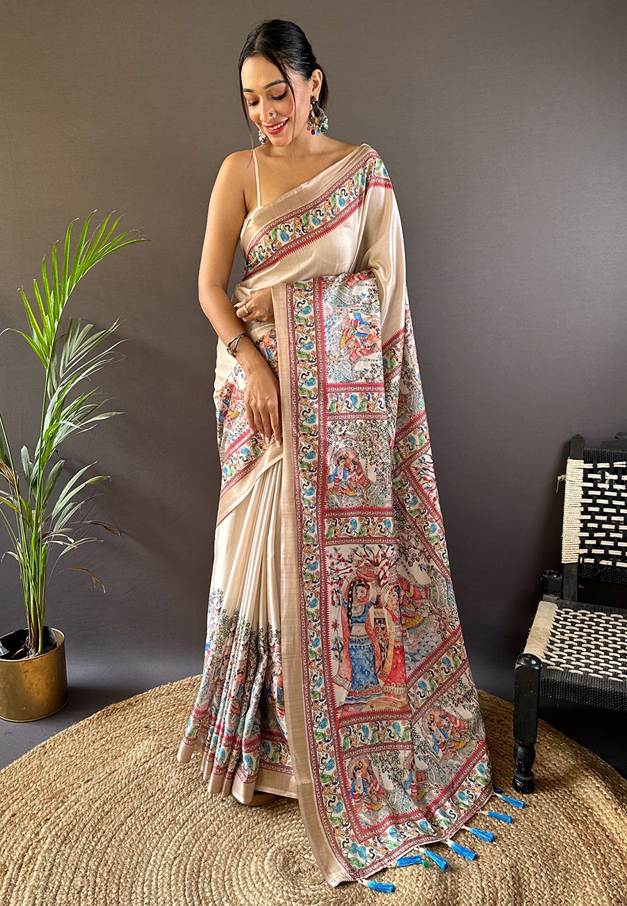 Soft Tussar Silk Saree with Madhubani Prints on Pallu and Border.