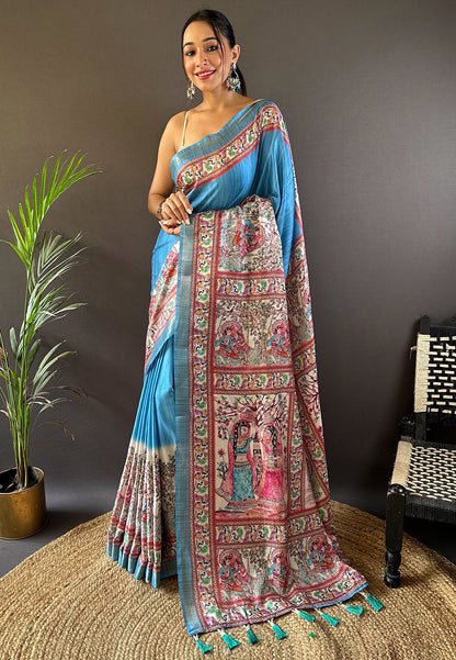 Soft Tussar Silk Saree with Madhubani Prints on Pallu and Border.