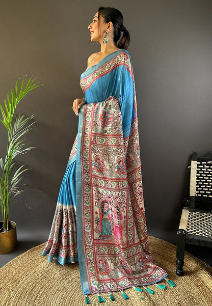 Soft Tussar Silk Saree with Madhubani Prints on Pallu and Border.