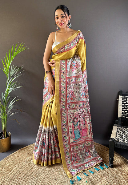 Soft Tussar Silk Saree with Madhubani Prints on Pallu and Border.