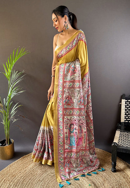 Soft Tussar Silk Saree with Madhubani Prints on Pallu and Border.