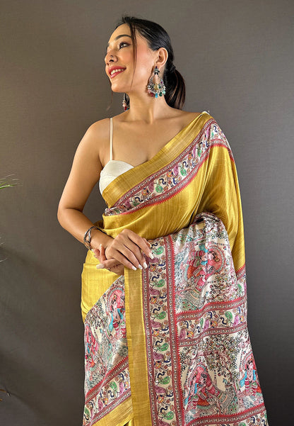 Soft Tussar Silk Saree with Madhubani Prints on Pallu and Border.