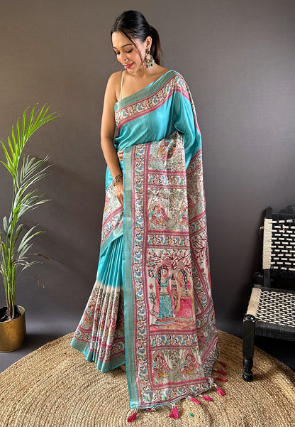 Soft Tussar Silk Saree with Madhubani Prints on Pallu and Border.