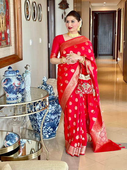 Payal Gupta In Our Soft Katan Silk Saree with Pure Zari Weaves(Flower)