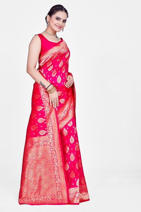 Banarasi Semi-Katan Silk Saree with Weaving Pallu and Un-Stitch Blouse