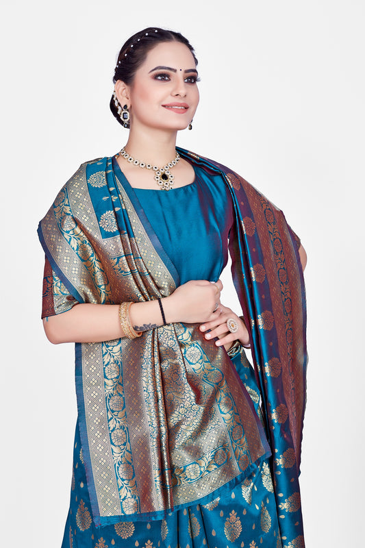 Banarasi Semi-Katan Silk Saree with Weaving Pallu and Un-Stitch Blouse