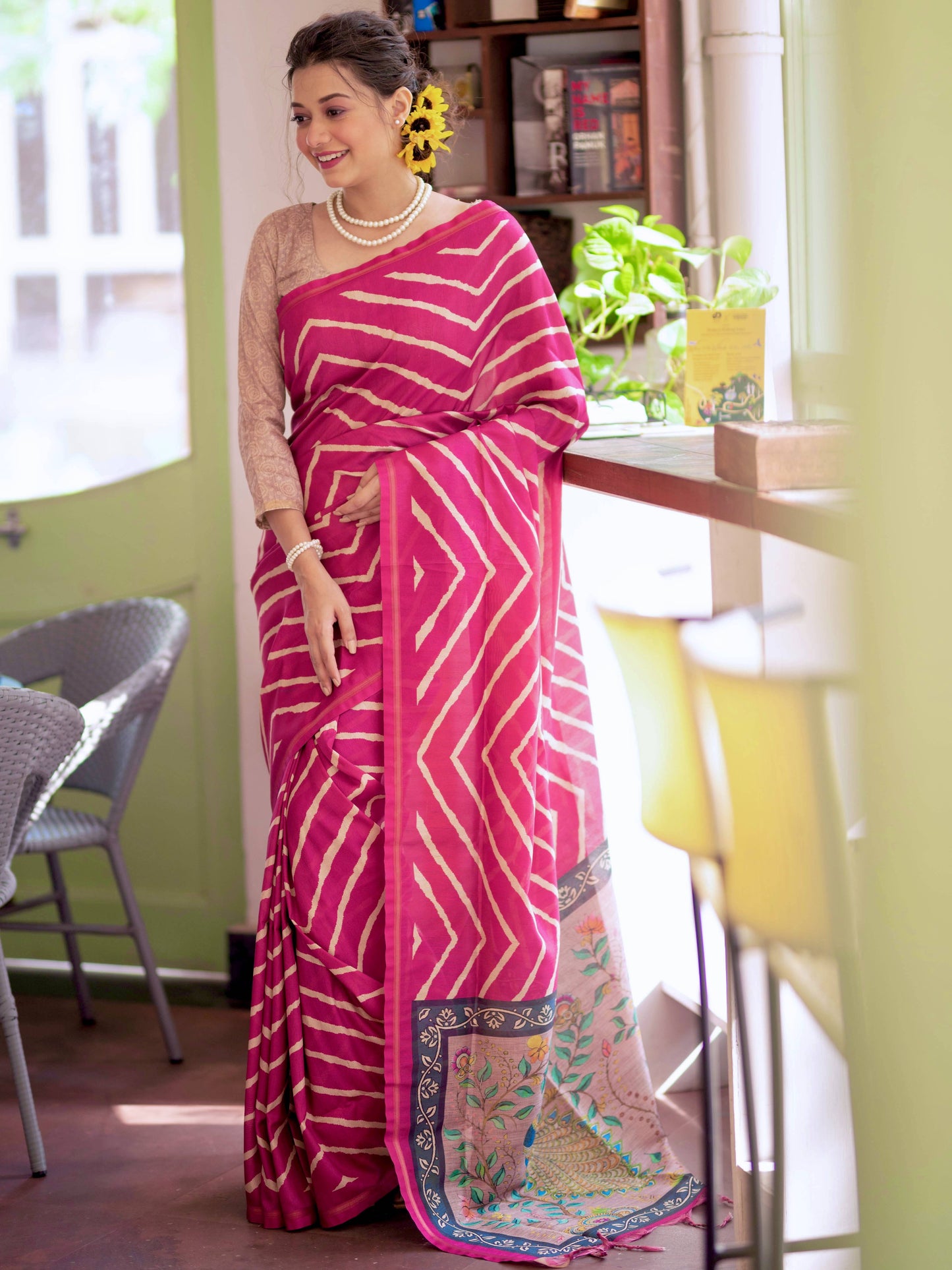 MONIKA Yadav in our Tussar silk Saree with Lehriya Print with Kalamkari pallu and Tassels