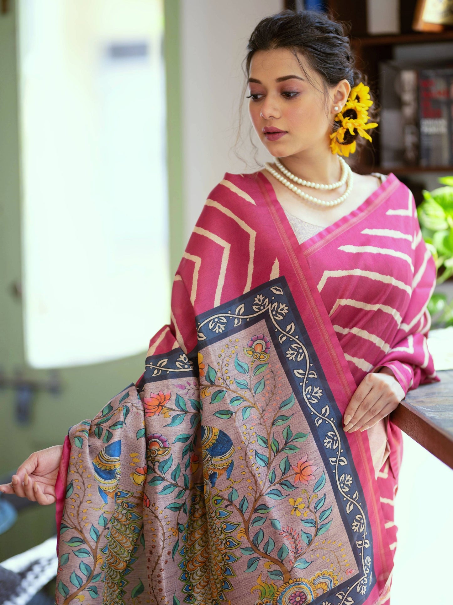 MONIKA Yadav in our Tussar silk Saree with Lehriya Print with Kalamkari pallu and Tassels