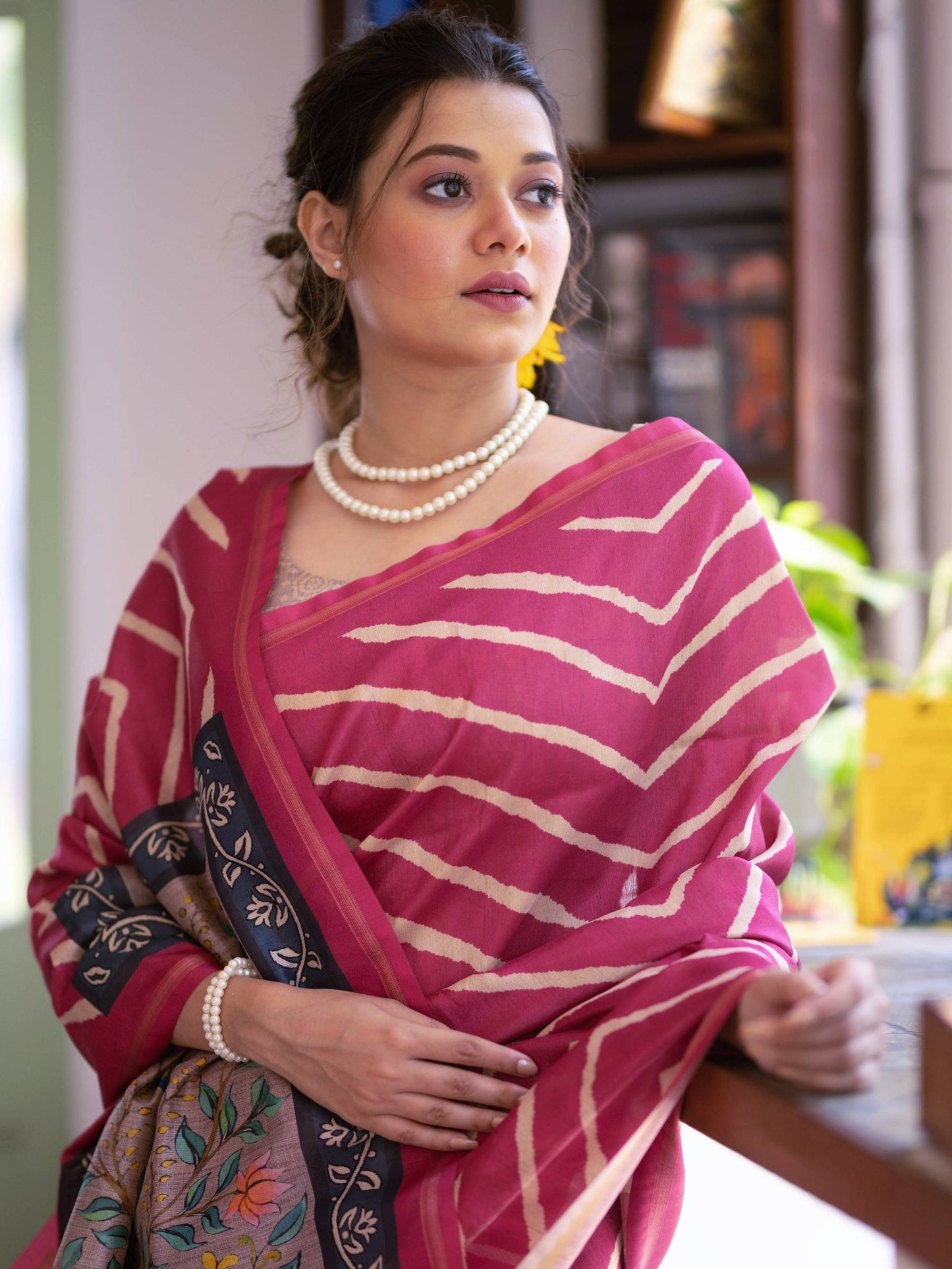 MONIKA Yadav in our Tussar silk Saree with Lehriya Print with Kalamkari pallu and Tassels