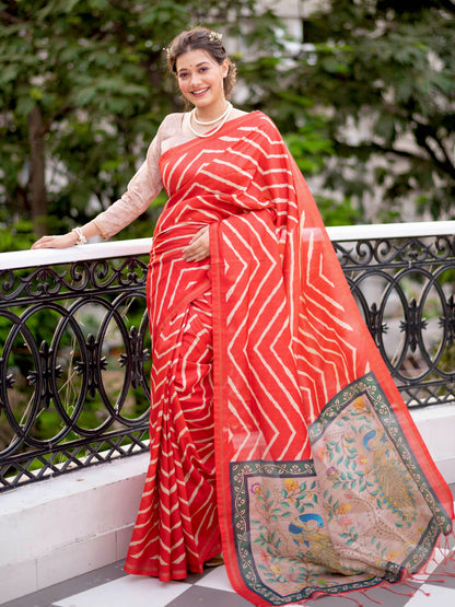 MONIKA Yadav in our Tussar silk Saree with Lehriya Print with Kalamkari pallu and Tassels