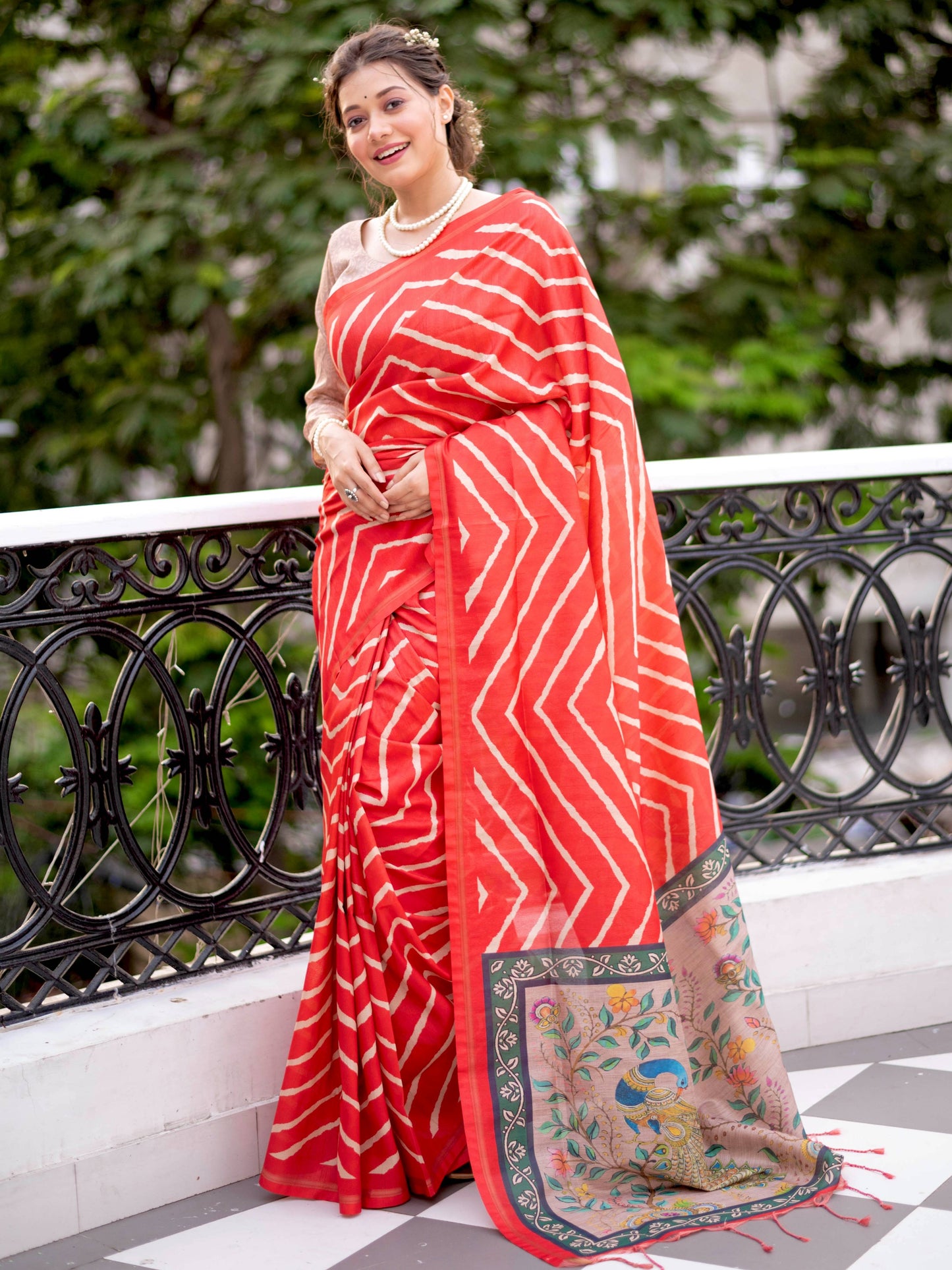 MONIKA Yadav in our Tussar silk Saree with Lehriya Print with Kalamkari pallu and Tassels