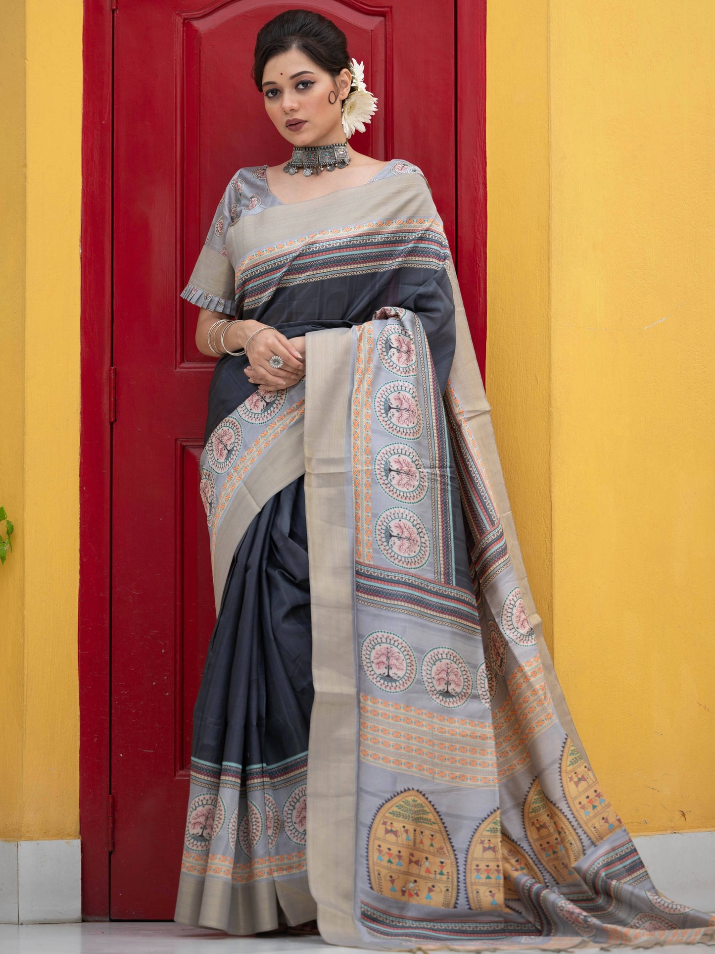 Tussar Silk Saree with Warli Printed Pallu with Printed Blouse