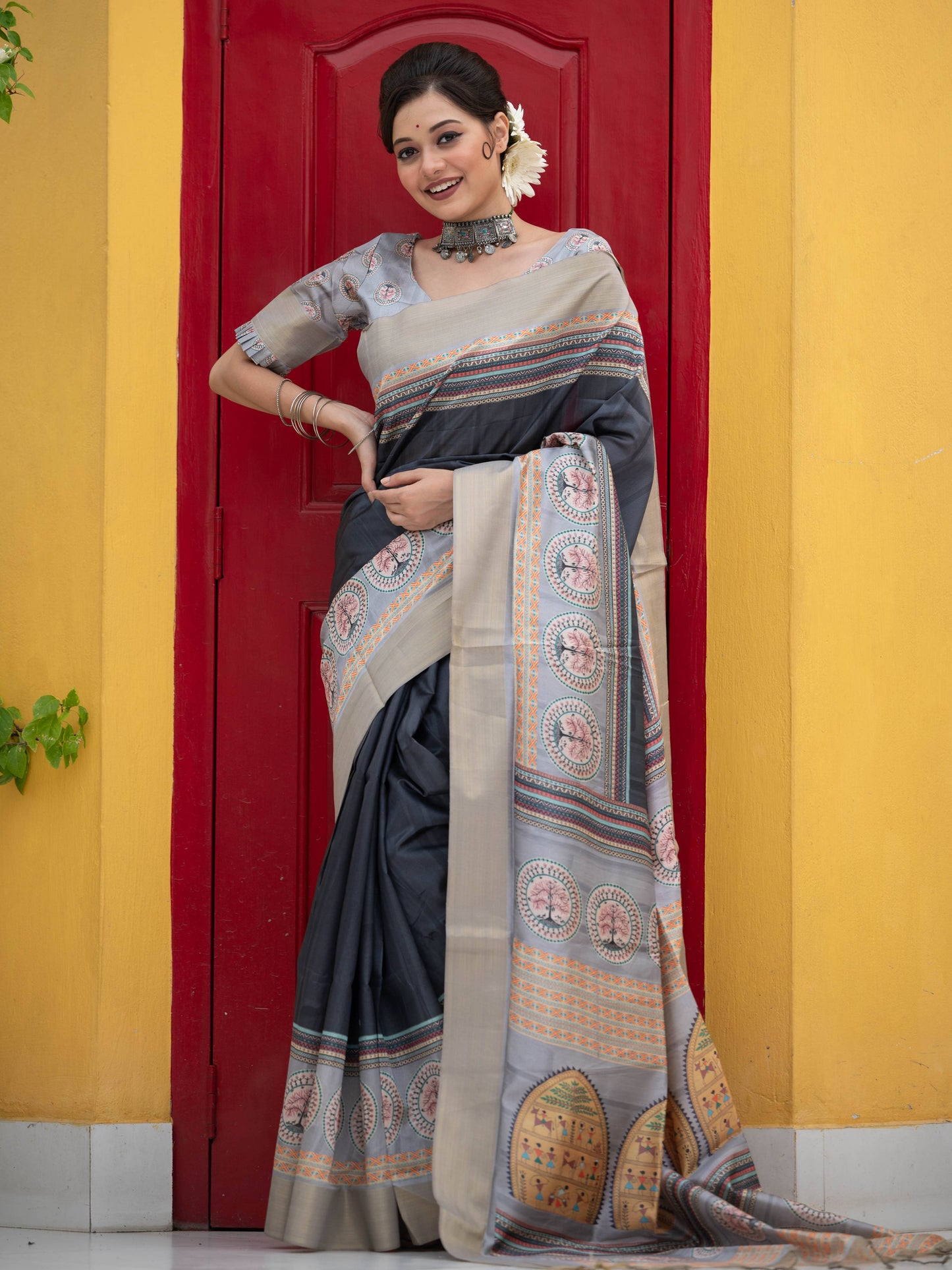 Tussar Silk Saree with Warli Printed Pallu with Printed Blouse