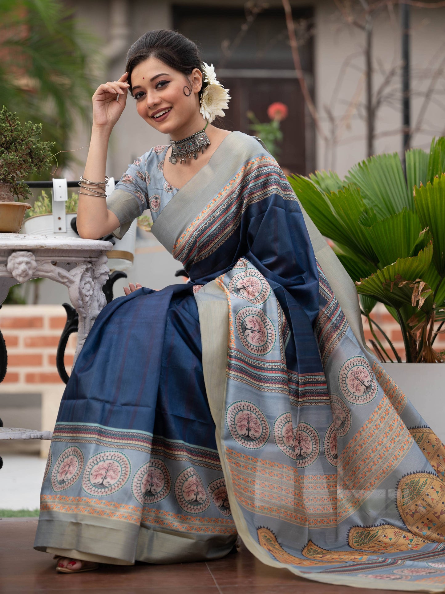 Tussar Silk Saree with Warli Printed Pallu with Printed Blouse