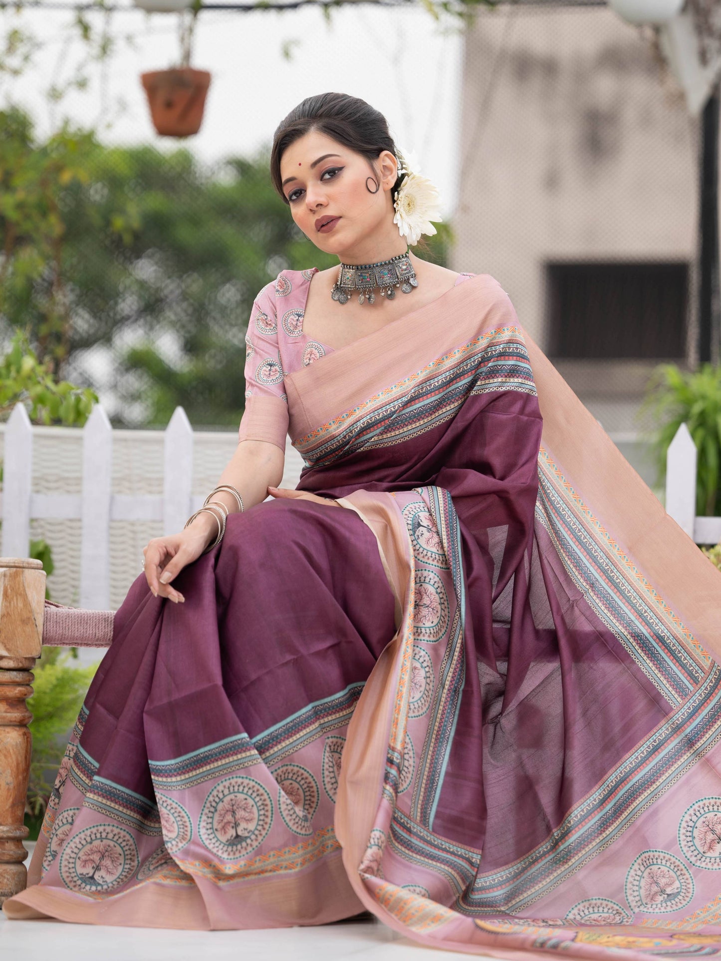 Tussar Silk Saree with Warli Printed Pallu with Printed Blouse