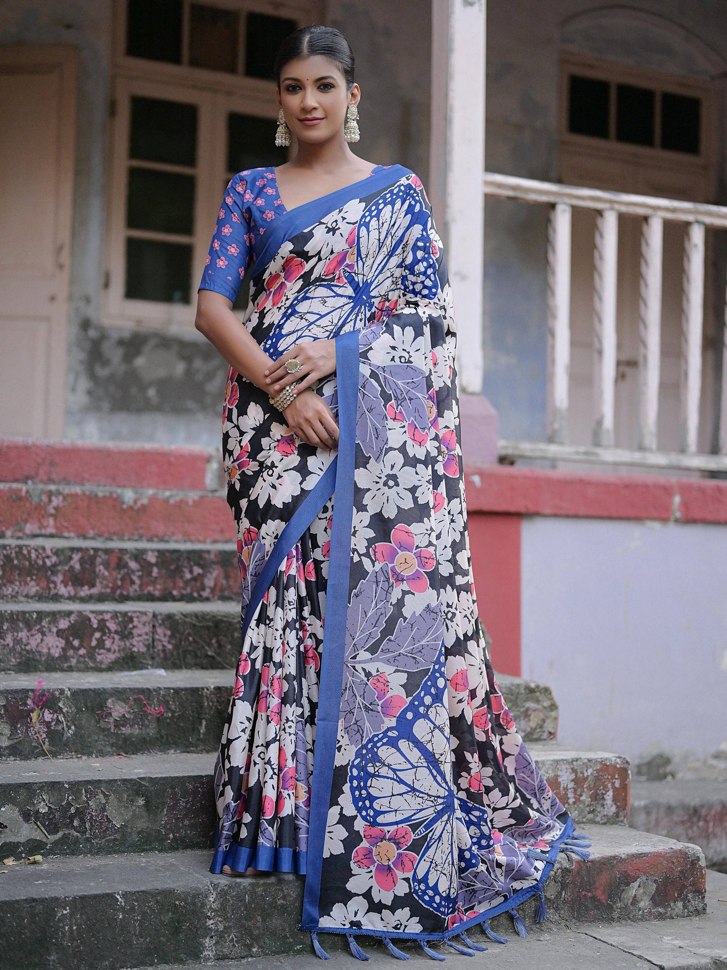 Soft Silk Saree with Floral Print and Tassels at Pallu with Contrast BlousE