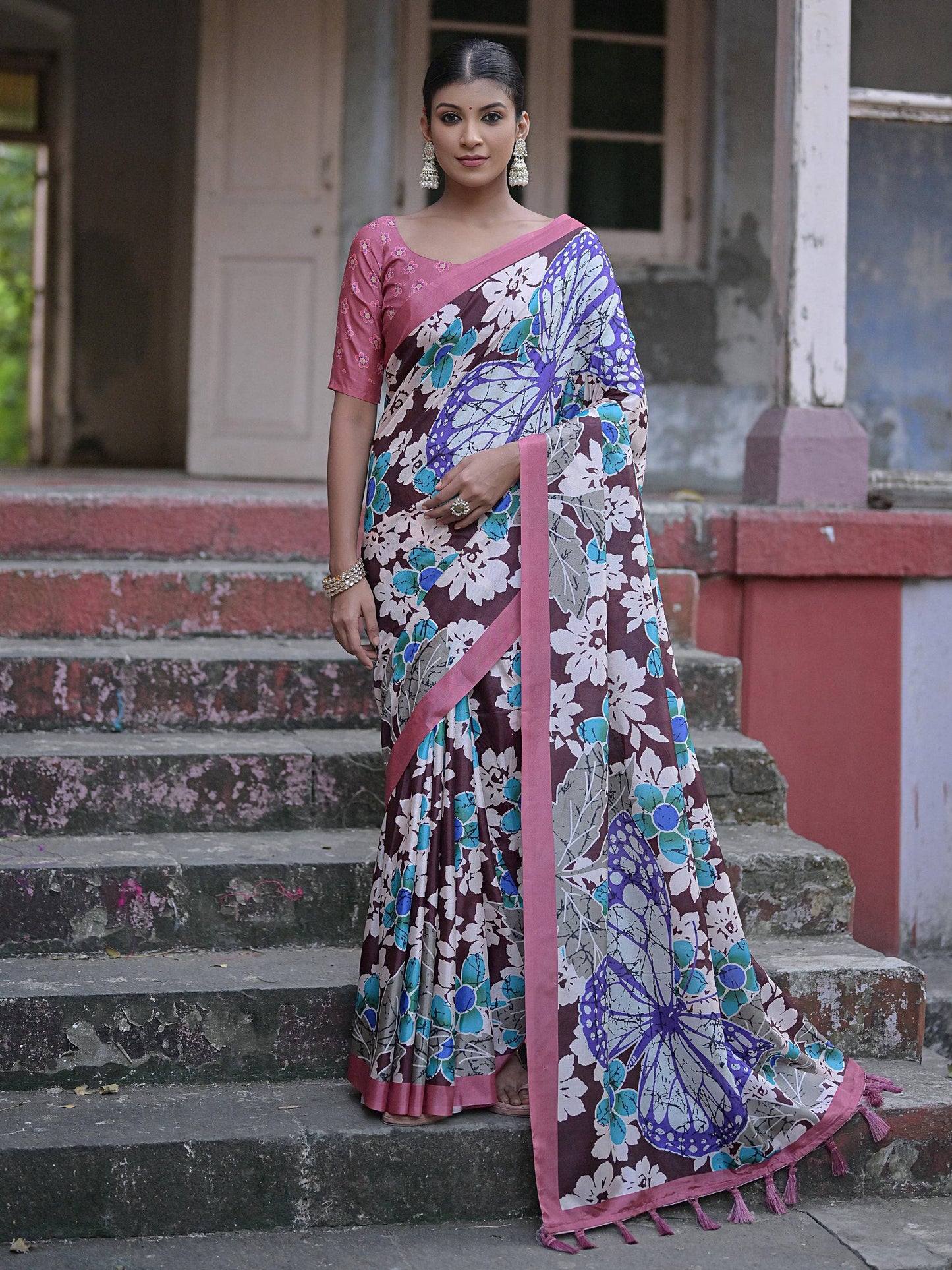 Soft Silk Saree with Floral Print and Tassels at Pallu with Contrast BlousE