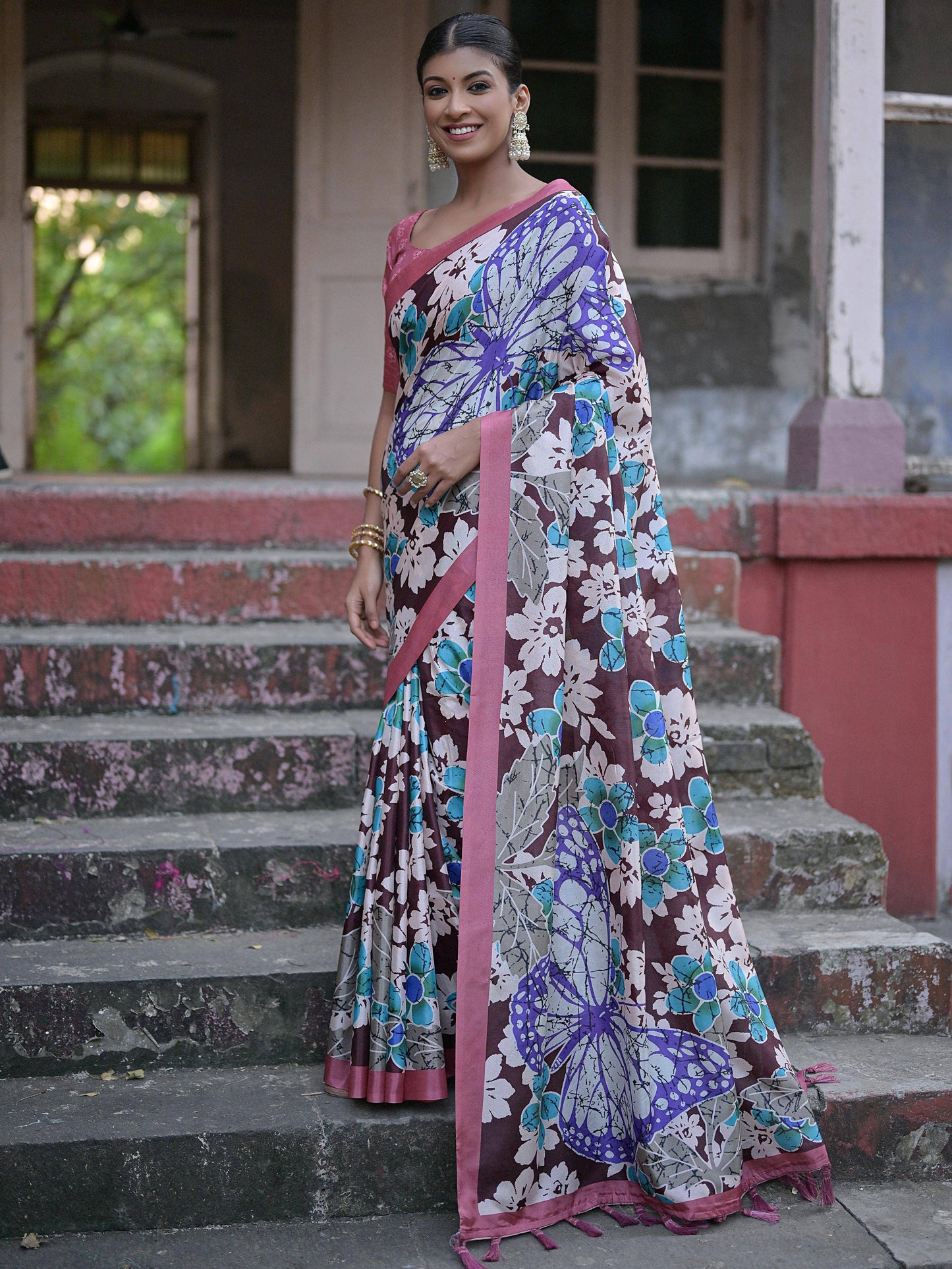 Soft Silk Saree with Floral Print and Tassels at Pallu with Contrast BlousE