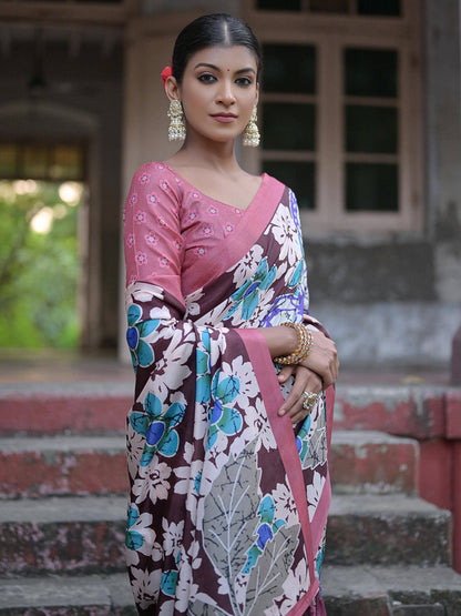 Soft Silk Saree with Floral Print and Tassels at Pallu with Contrast BlousE