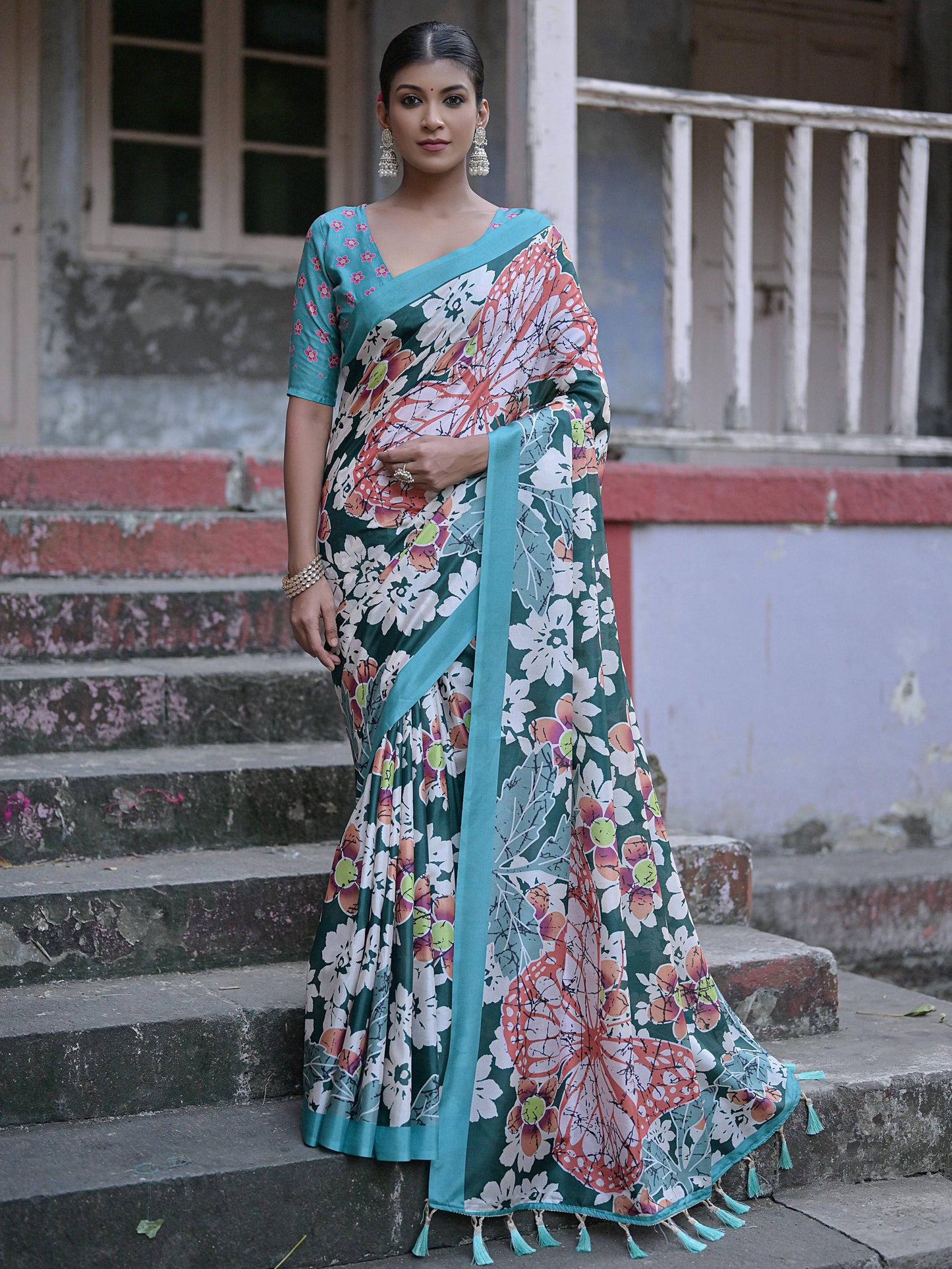 Soft Silk Saree with Floral Print and Tassels at Pallu with Contrast BlousE