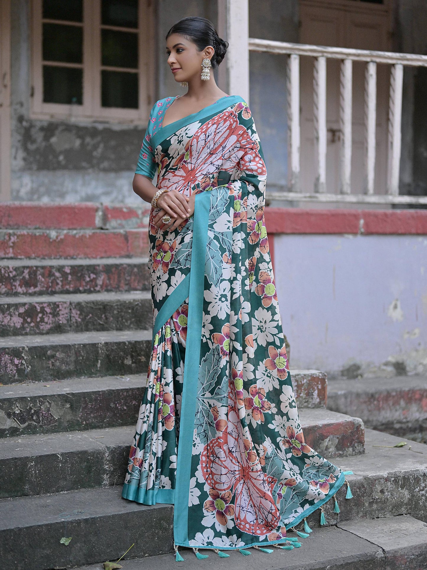 Soft Silk Saree with Floral Print and Tassels at Pallu with Contrast BlousE