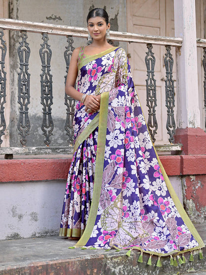 Soft Silk Saree with Floral Print and Tassels at Pallu with Contrast BlousE