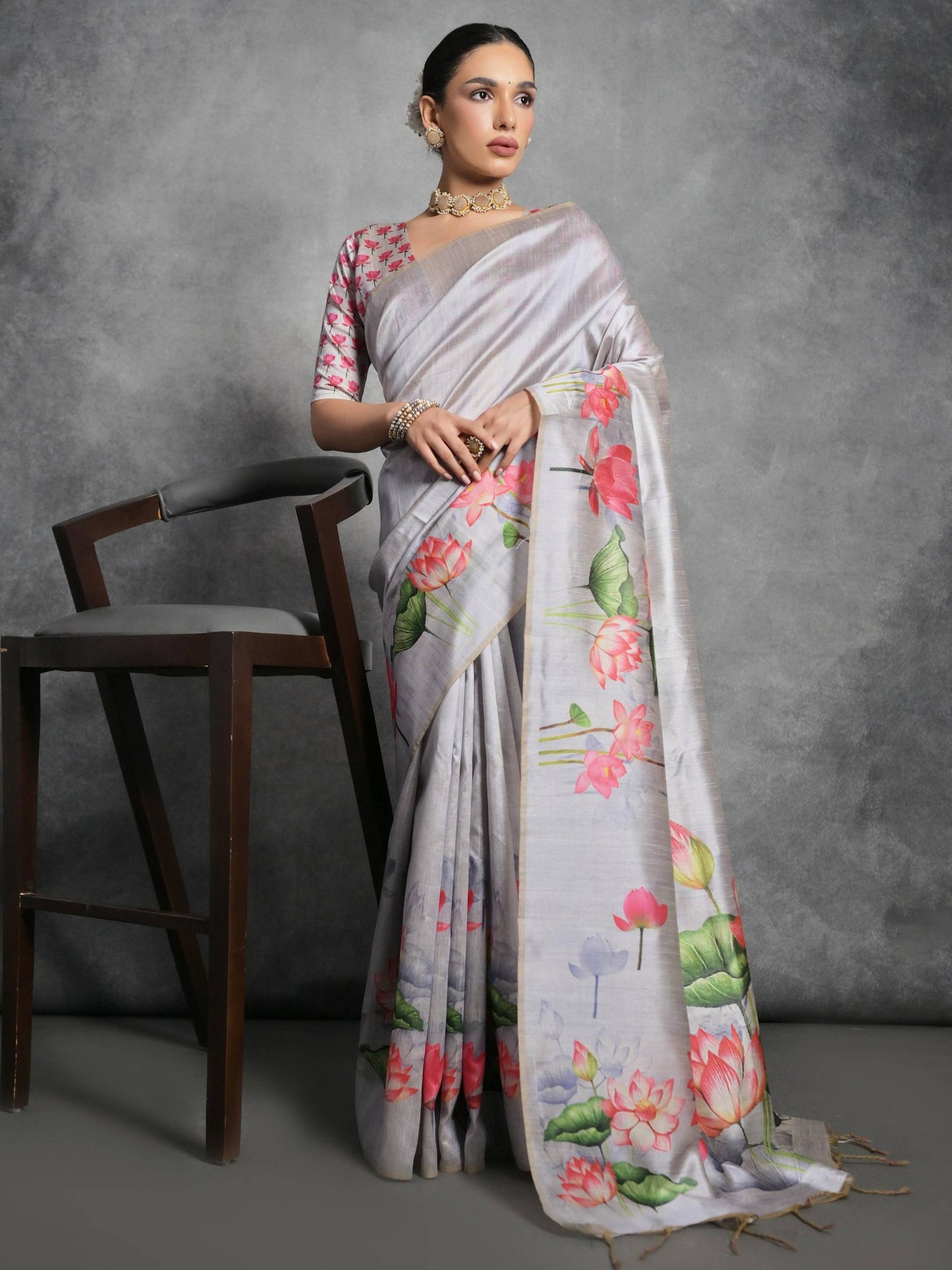 Soft Tussar Silk with beautiful Lotus print on pallu and border