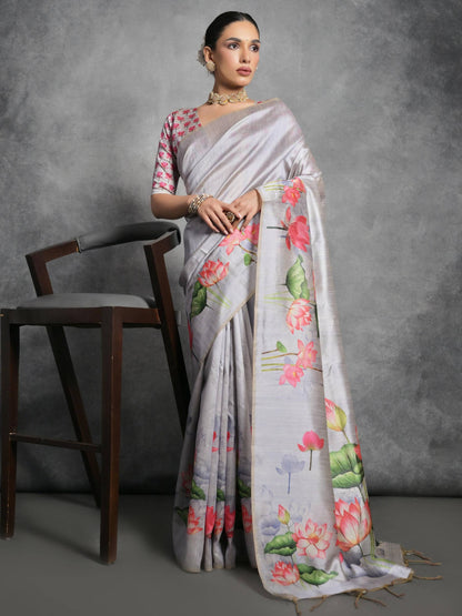 Soft Tussar Silk with beautiful Lotus print on pallu and border