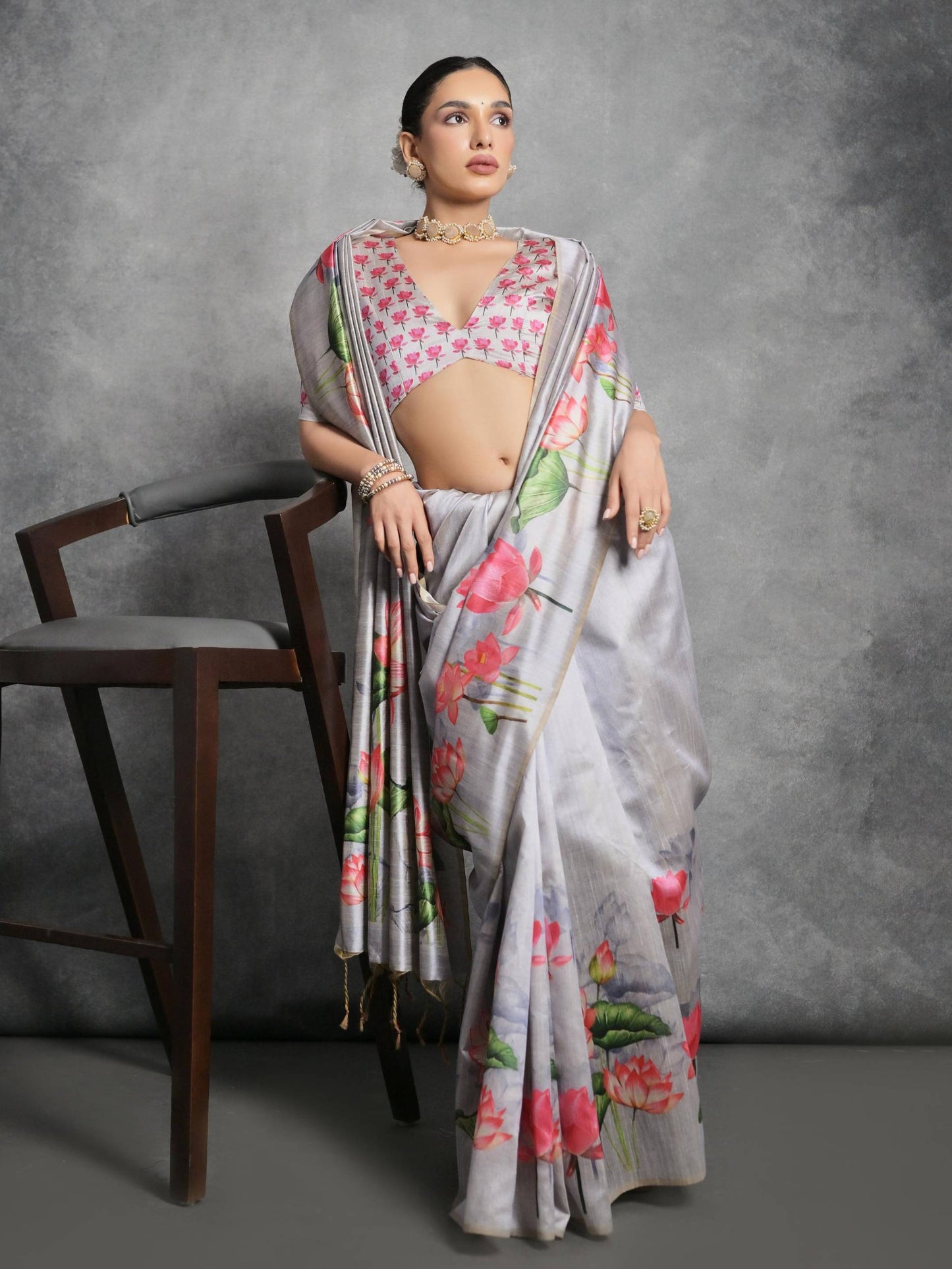 Soft Tussar Silk with beautiful Lotus print on pallu and border