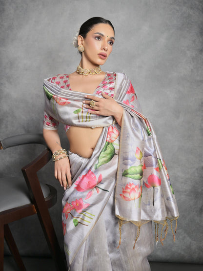 Soft Tussar Silk with beautiful Lotus print on pallu and border