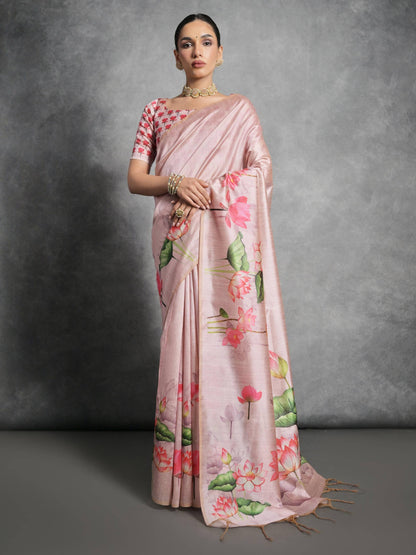 Soft Tussar Silk with beautiful Lotus print on pallu and border