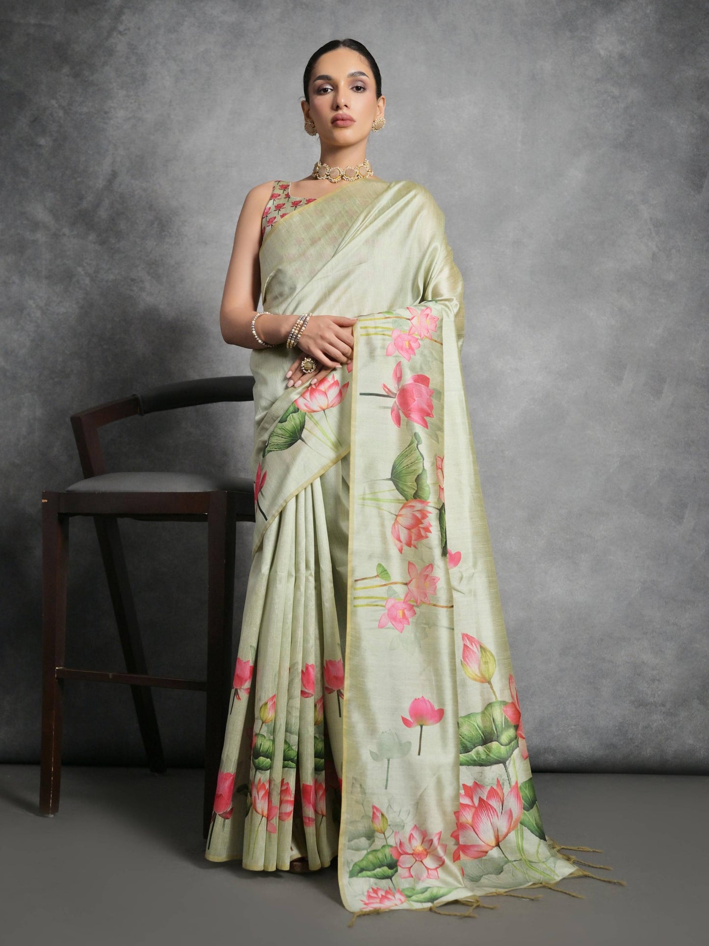 Soft Tussar Silk with beautiful Lotus print on pallu and border