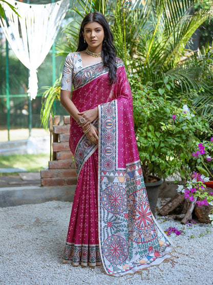 Soft Tussar Silk Saree with Madhubani Prints On Pallu and Bandhani Print in Full Body