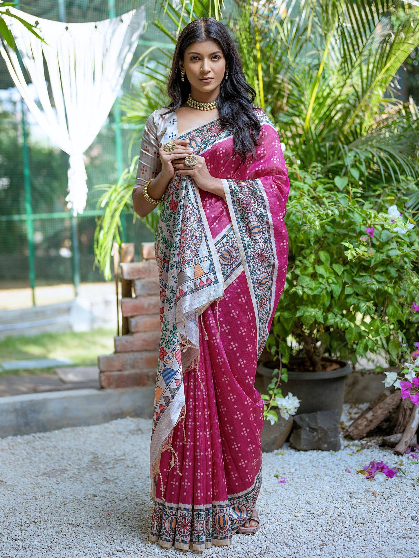 Soft Tussar Silk Saree with Madhubani Prints On Pallu and Bandhani Print in Full Body