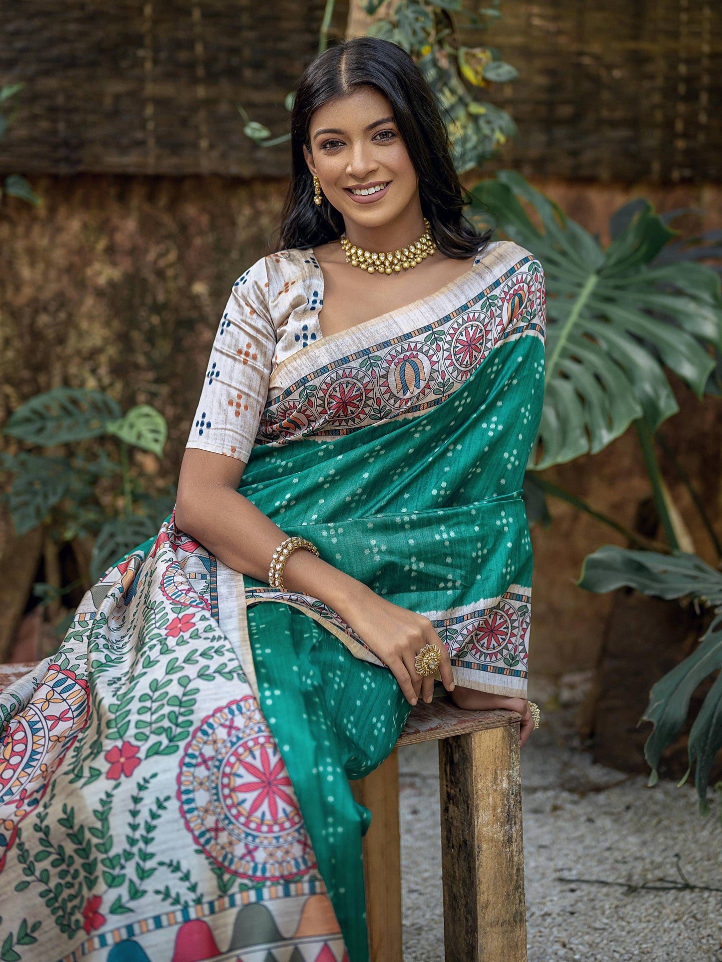 Soft Tussar Silk Saree with Madhubani Prints On Pallu and Bandhani Print in Full Body